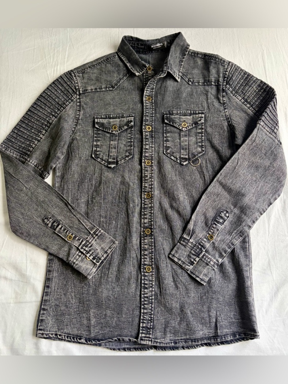 ROIWHQ long-sleeved, button-down denim shirt charcoal gray finish M